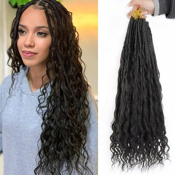 🖤 Boho Box Braids with Human Hair Curls ~ NIB! - Picture 2 of 8